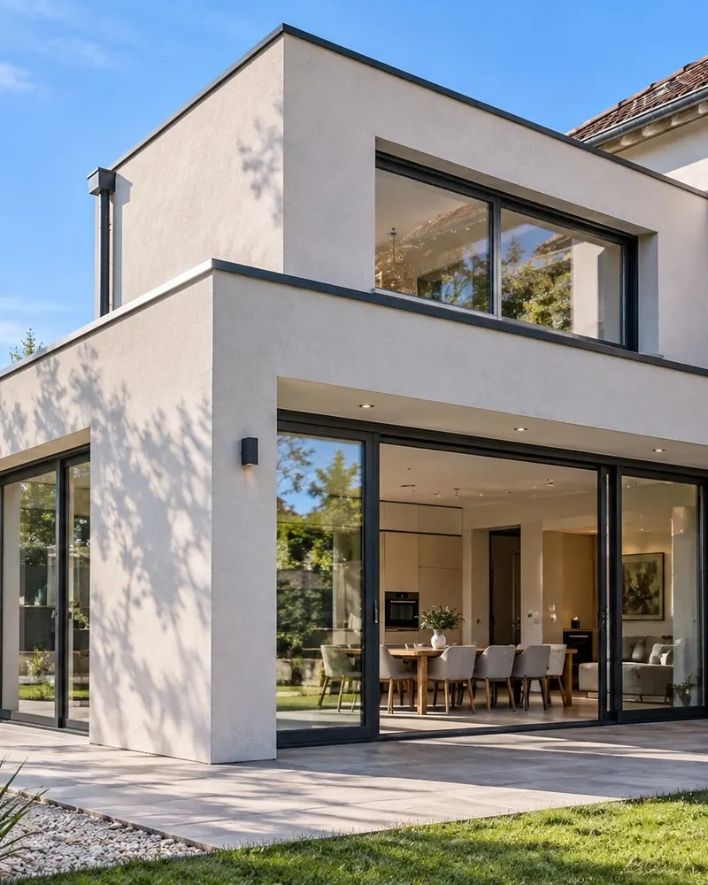 Extension contemporaine à toit plat avec grandes baies vitrées ouvertes sur le jardin