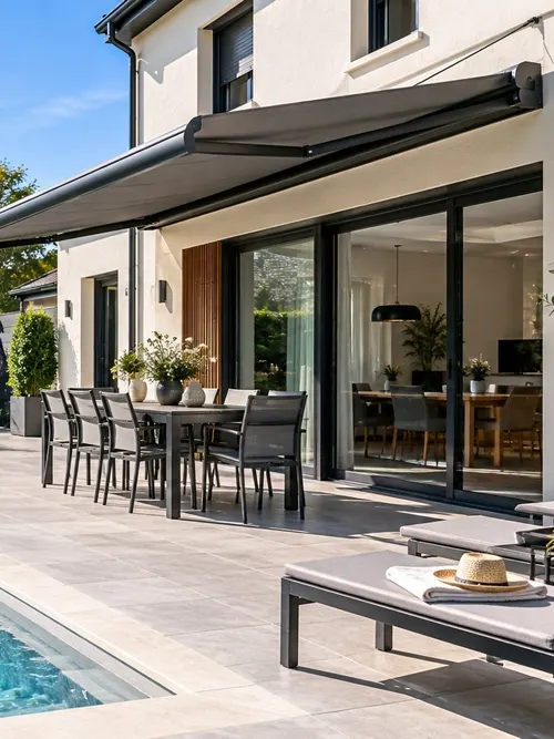 Terrasse avec store banne, salon de jardin et piscine devant une maison contemporaine