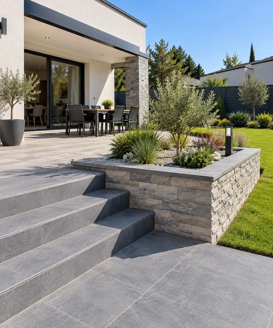 Terrasse en dallage gris avec escalier, jardinière en pierre et pelouse devant une maison contemporaine