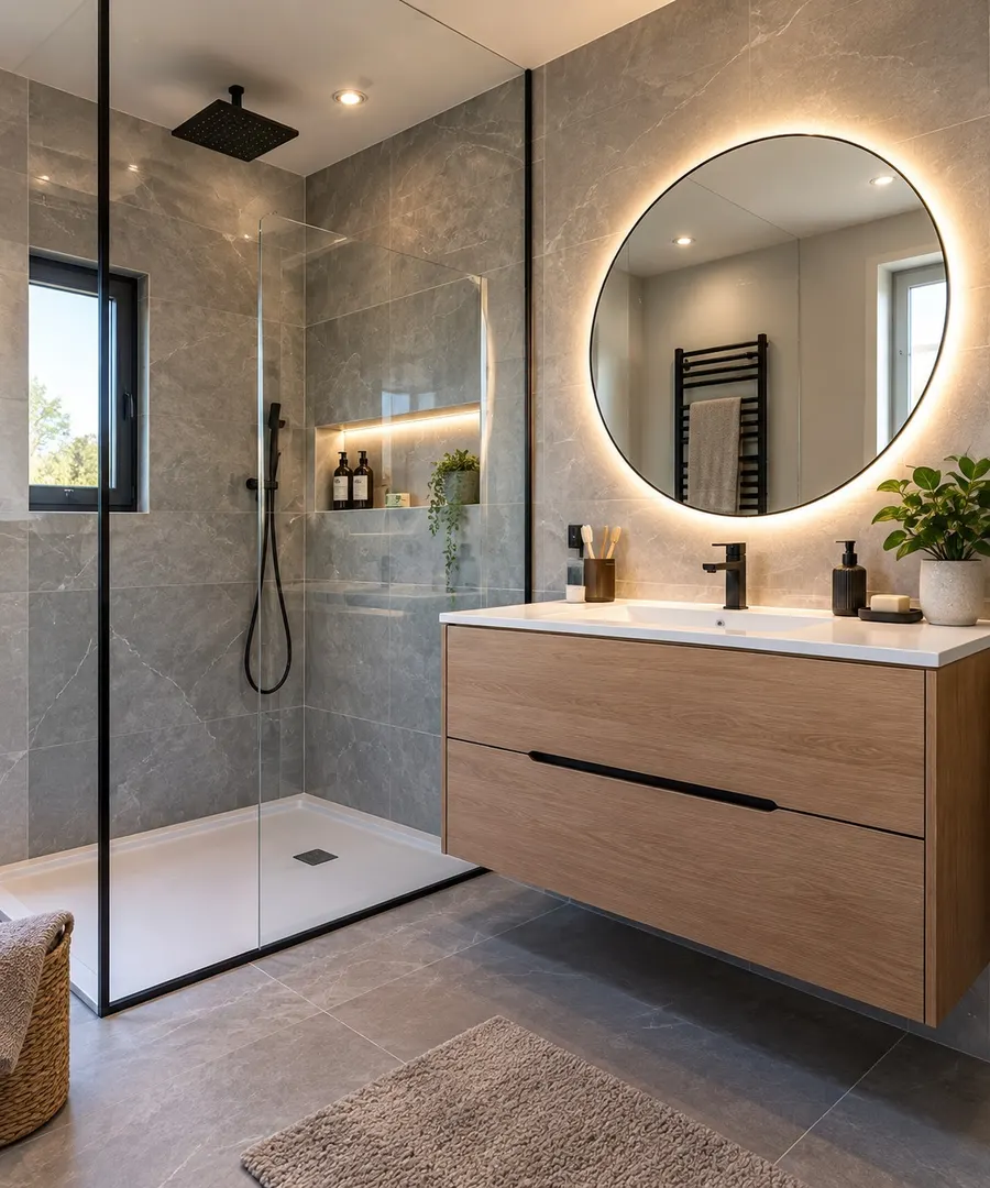 Salle de bain contemporaine : douche à l’italienne, meuble vasque en bois et miroir rond rétroéclairé