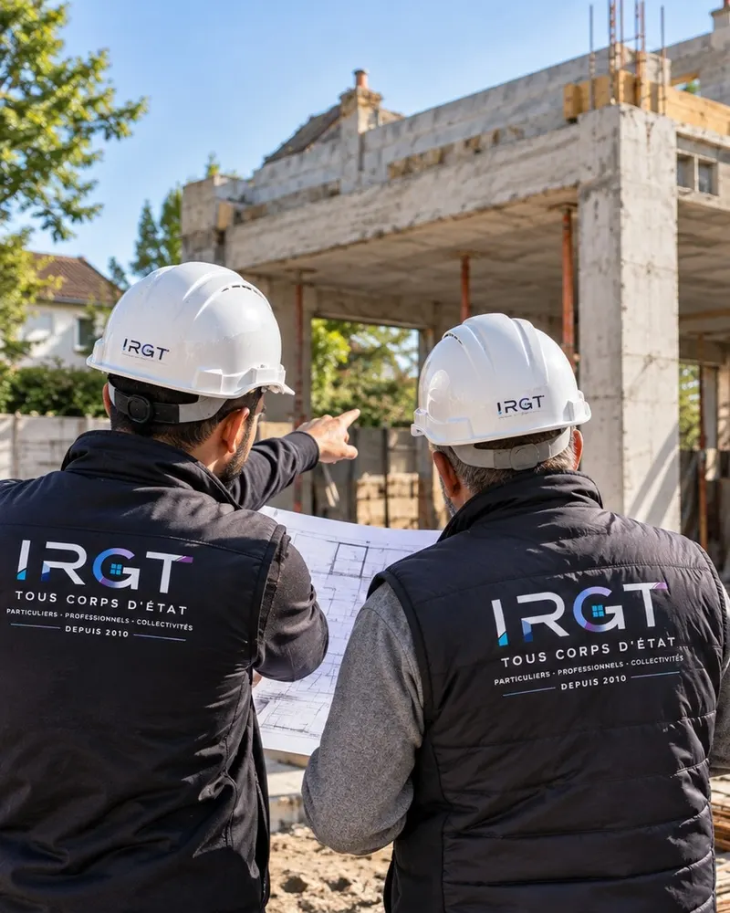 Deux membres de l’équipe IRGT en casque consultant les plans devant une maison en construction